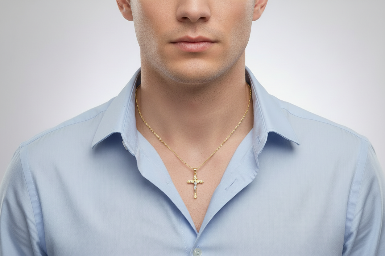10K gold cross pendant with contrasting white gold accents.