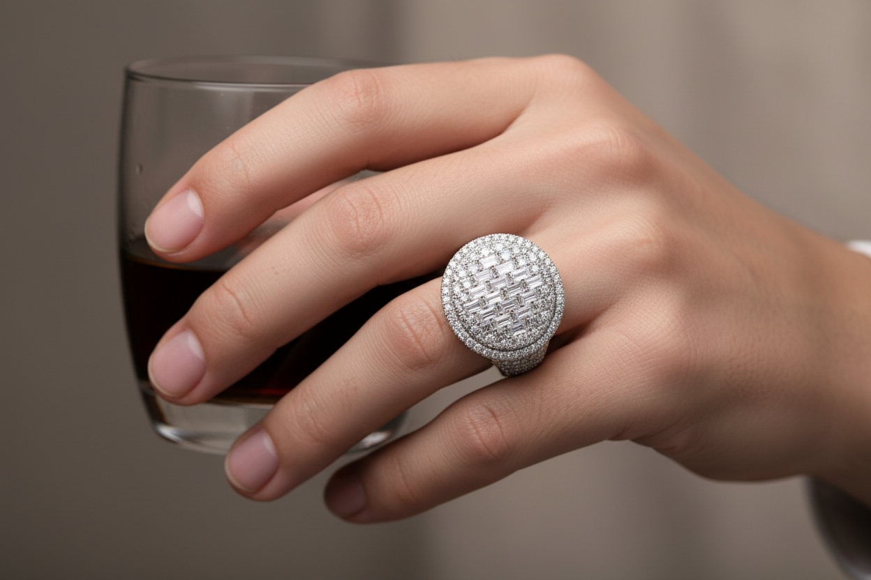 925 sterling silver round moissanite ring with baguette accents