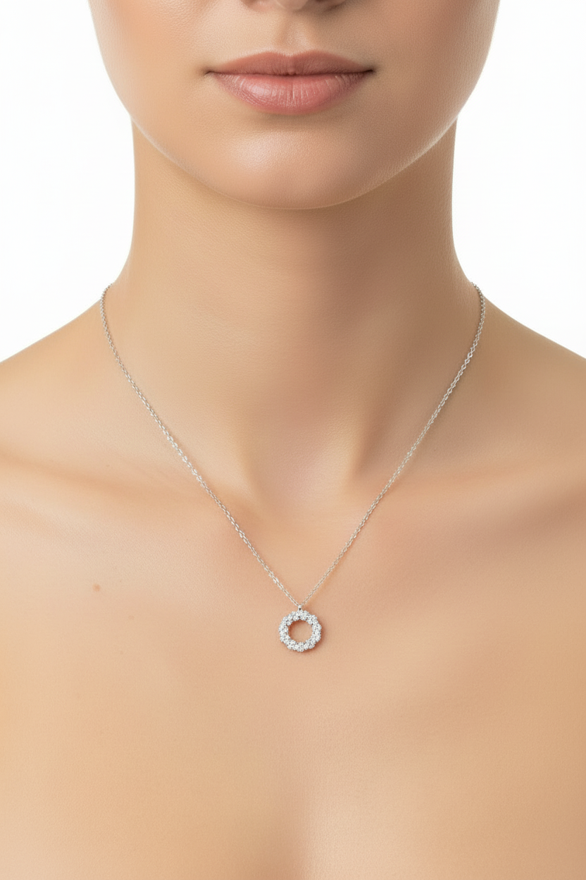 Women's moissanite open circle necklace crafted in silver with .30ctw moissanites.
