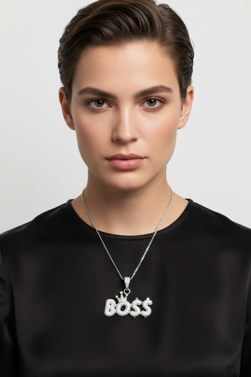 Front view of 925 Sterling Silver VVS Moissanite Boss Pendant with King Crown