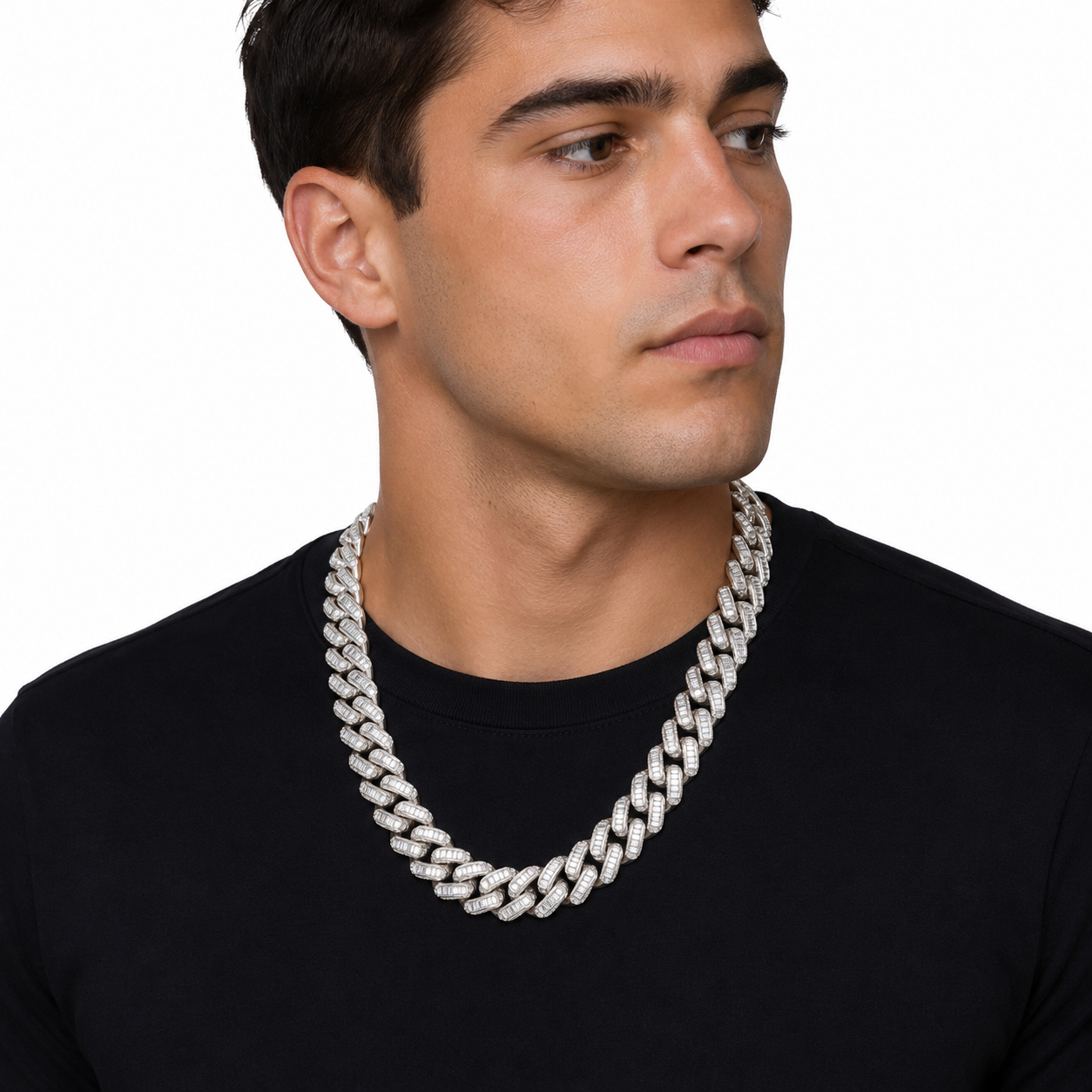 bold iced Cuban link necklace in sterling silver with baguette-set moissanite links
