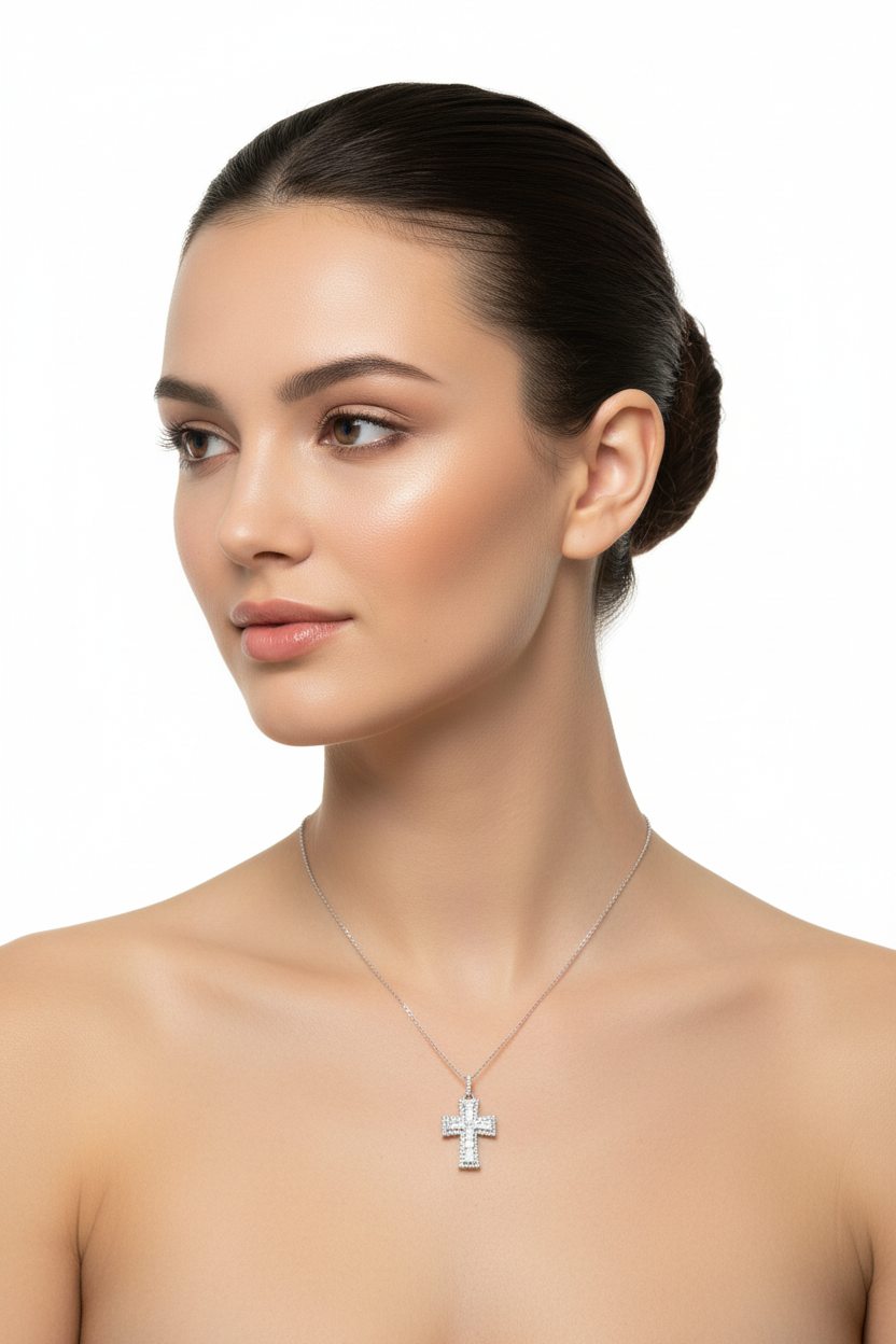 Sterling silver cross necklace featuring 3.85 CTW of VVS moissanite.