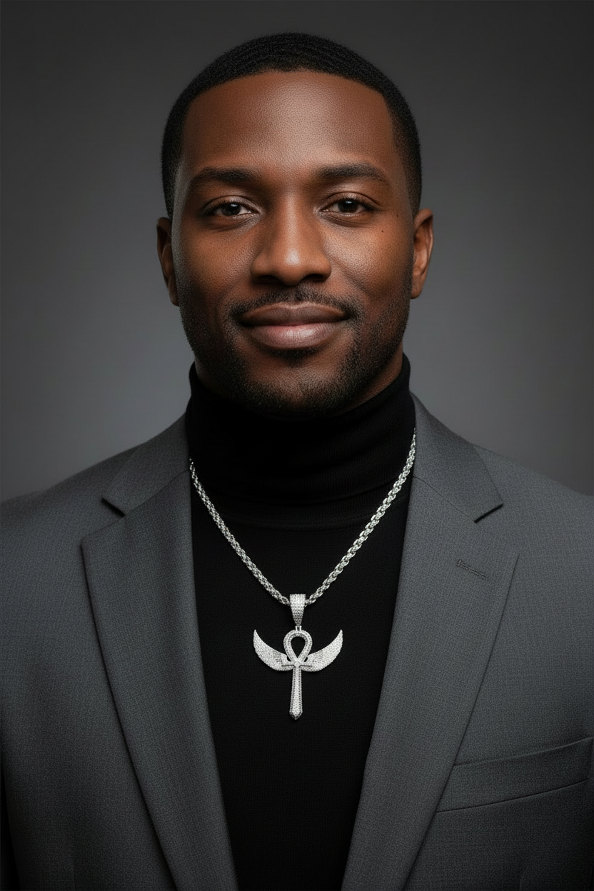 Sterling Silver Winged Ankh Cross Pendant with VVS moissanite on model.