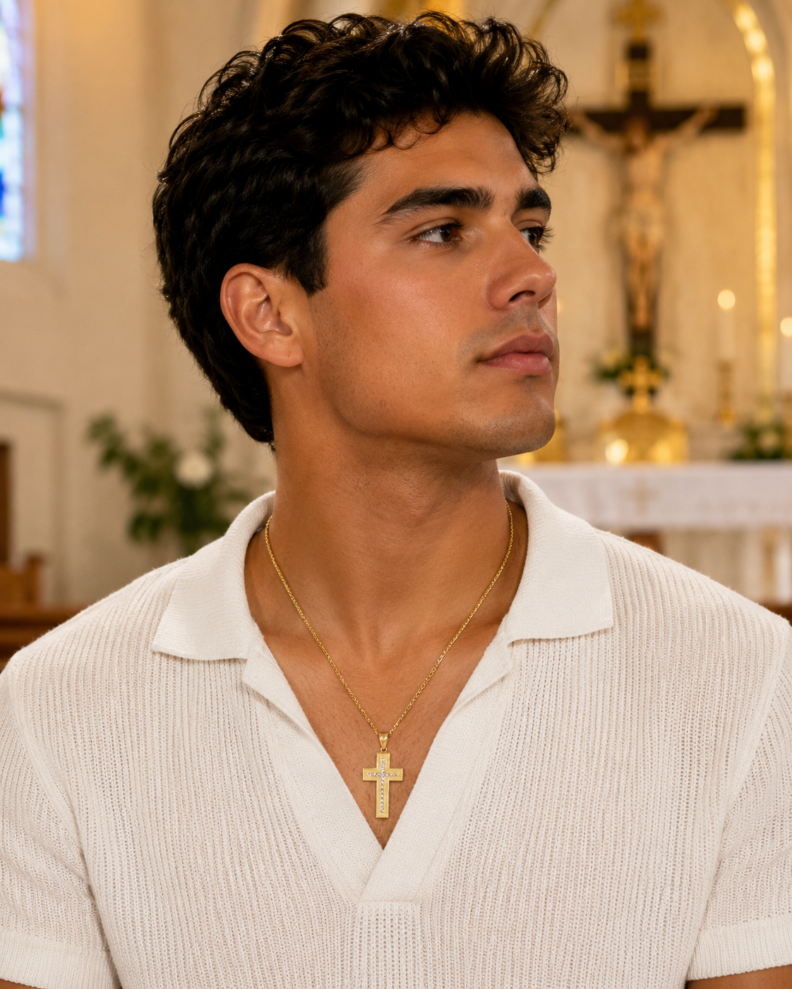 Religious jewelry cross with diamond-cut details