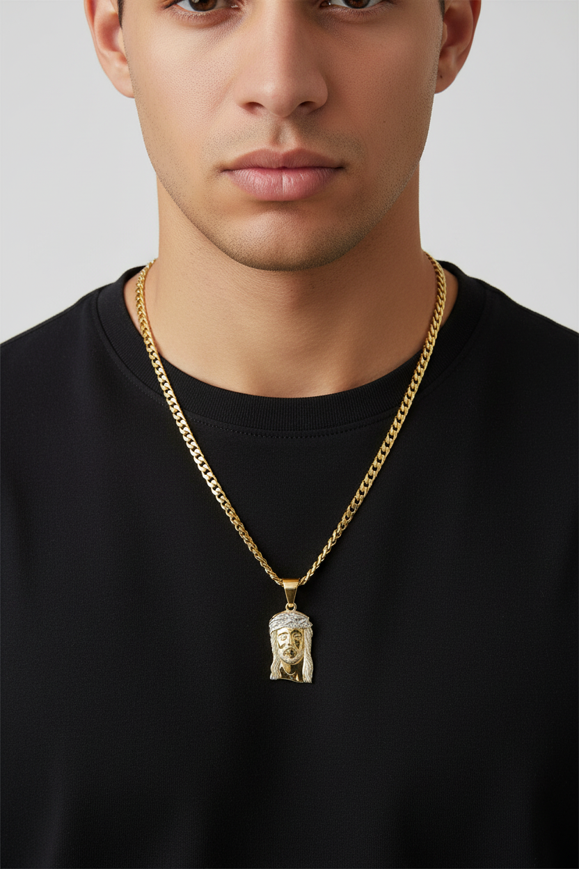 Two-Tone Jesus Head Pendant in 14K Yellow Gold