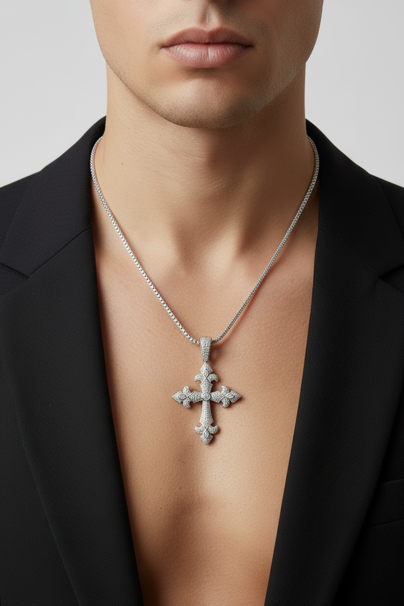 Sterling silver religious pendant featuring 1.98 CTW VVS moissanite.