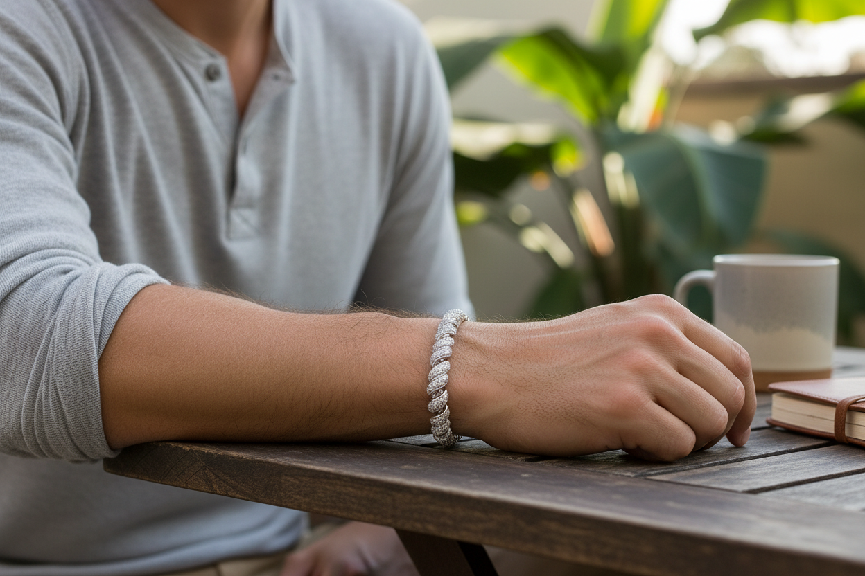 Premium sterling silver pavé bracelet with rope-inspired twist links and VVS moissanite