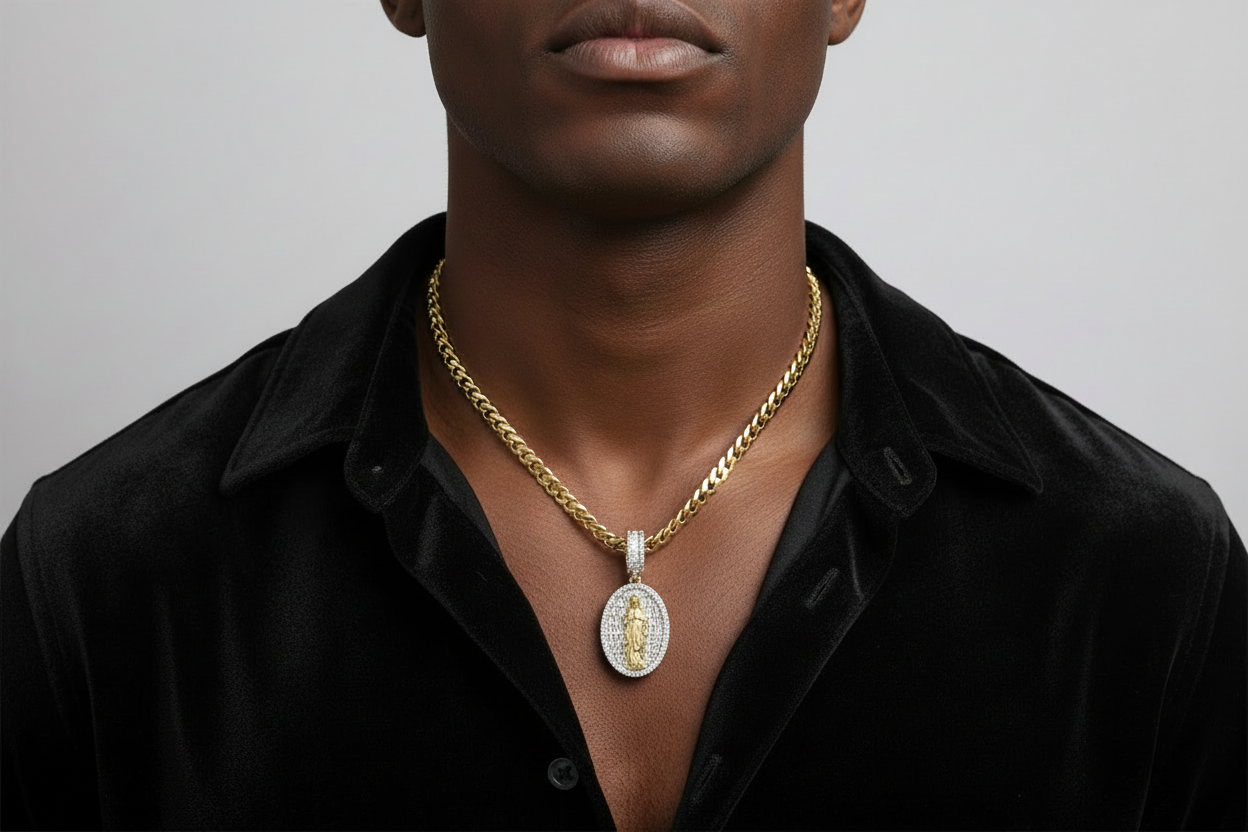 Oval religious pendant with detailed Virgin Mary design and iced halo