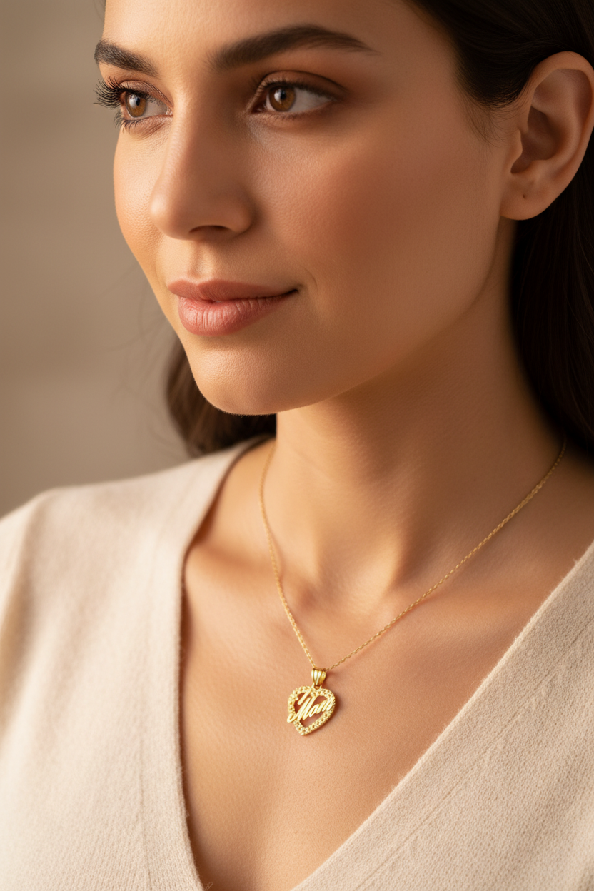 Yellow gold heart pendant featuring #1 Mom design