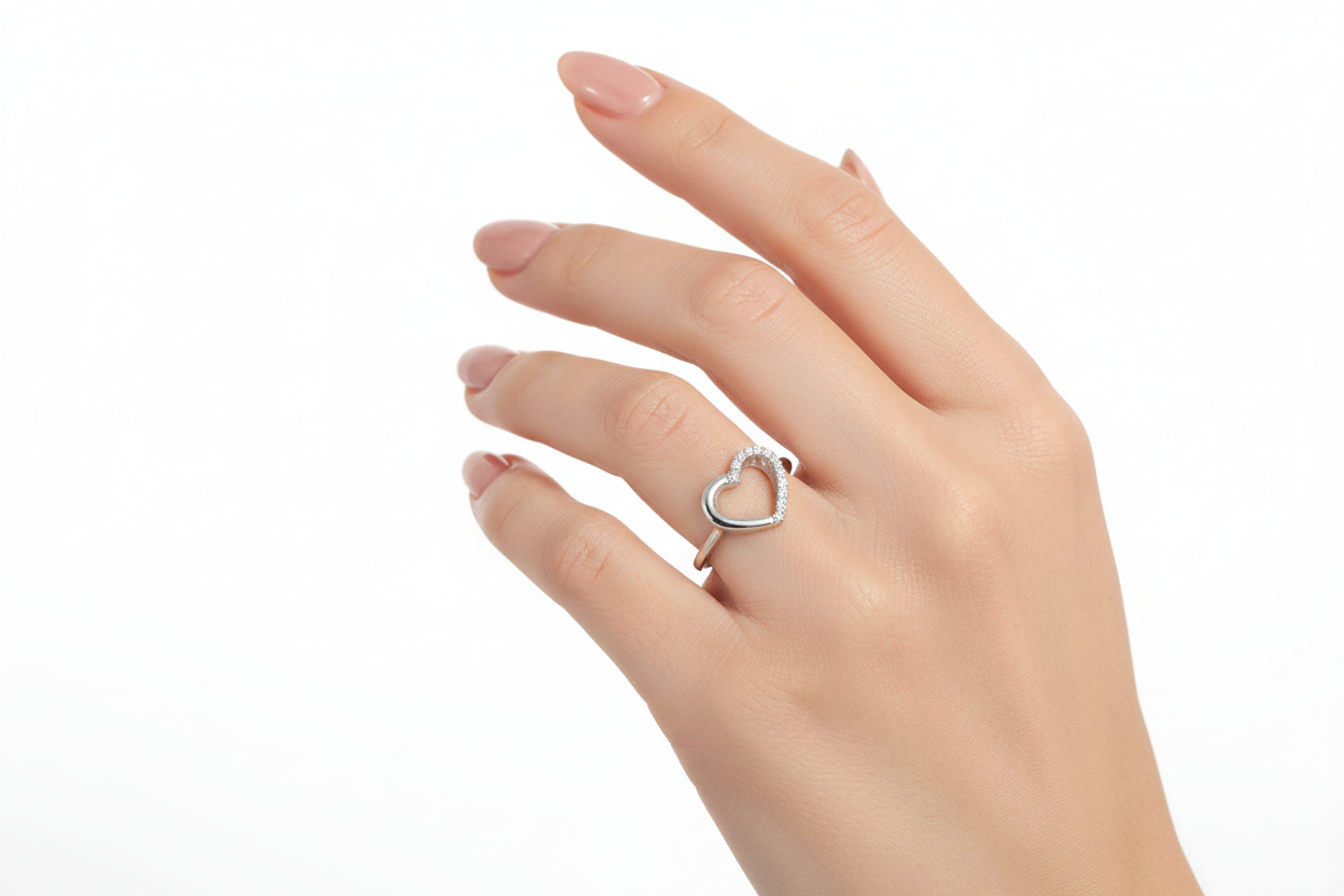 Dainty pave heart ring silver on hand model
