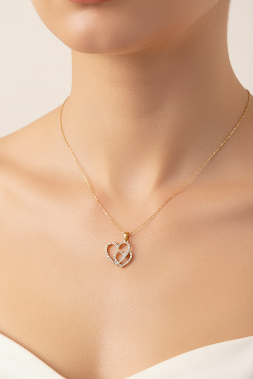 Natural diamond double heart pendant in genuine 10K yellow gold.