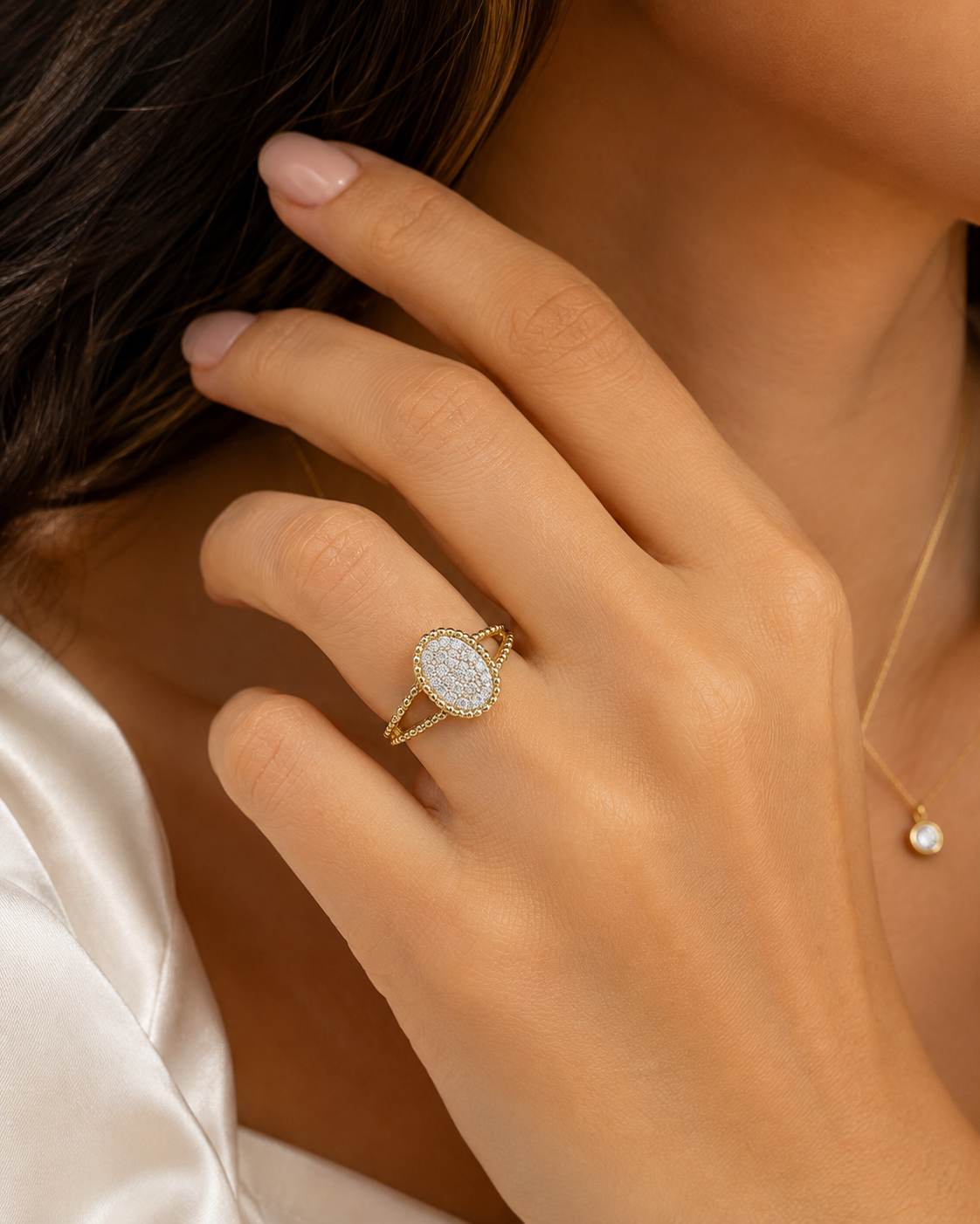 10K yellow gold oval diamond cluster ring with split shank