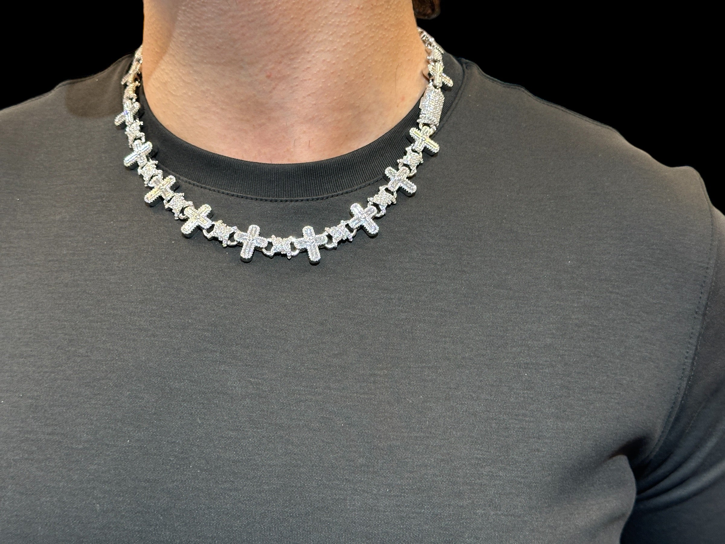 Sterling Silver Solid Cross Chain Necklace with VVS Moissanite Stones