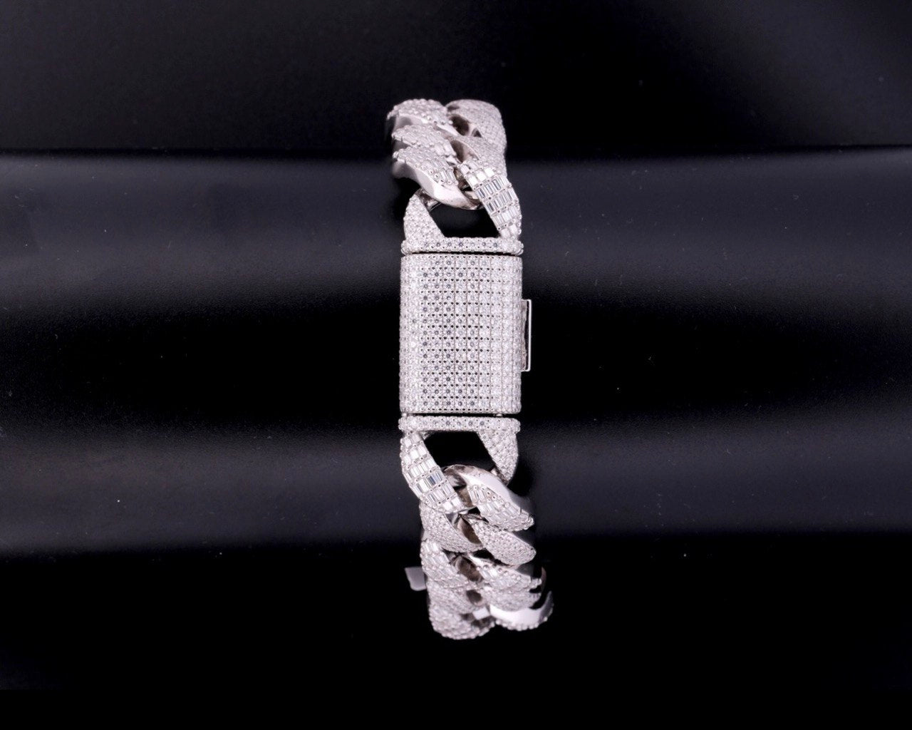 Sterling Silver Miami Cuban Bracelet, 16mm, VVS Moissanite Stones