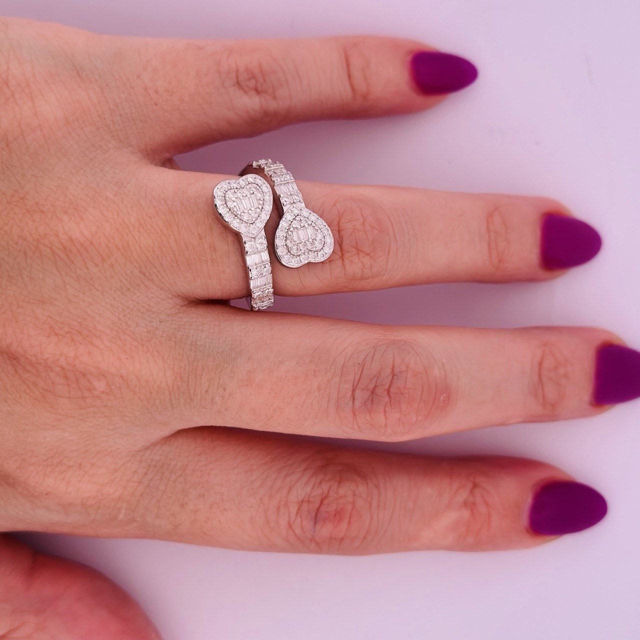 925 Sterling Silver Double Heart Ring with VVS Moissanite