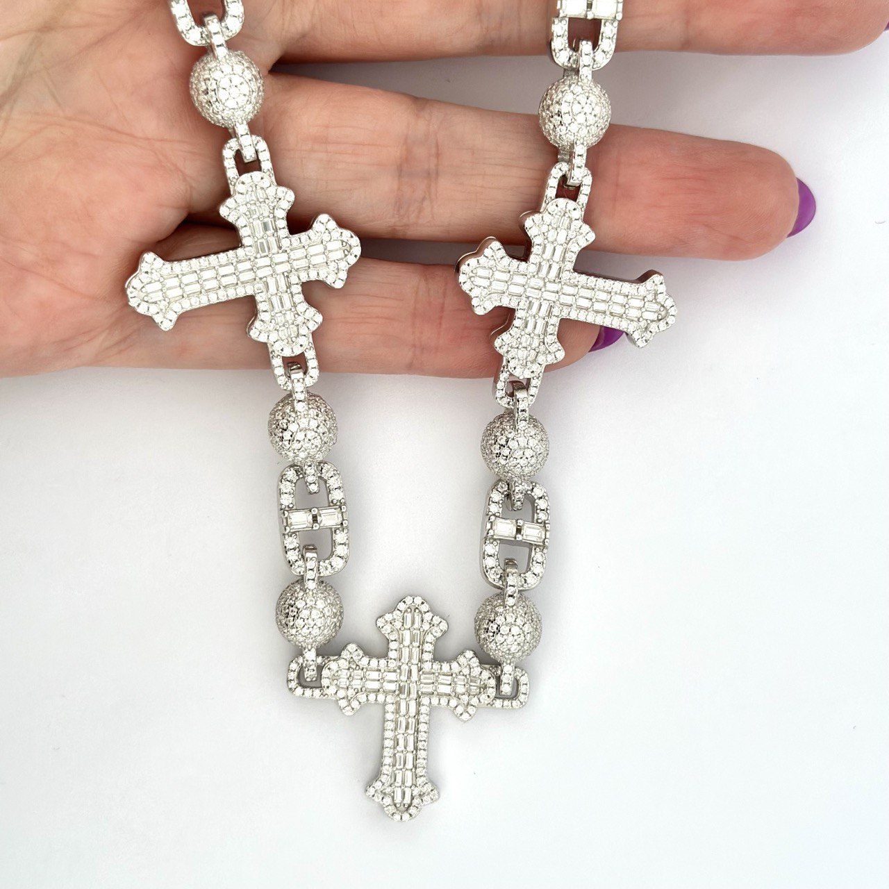 925 Sterling Silver Cross Flat Chain with VVS Moissanite