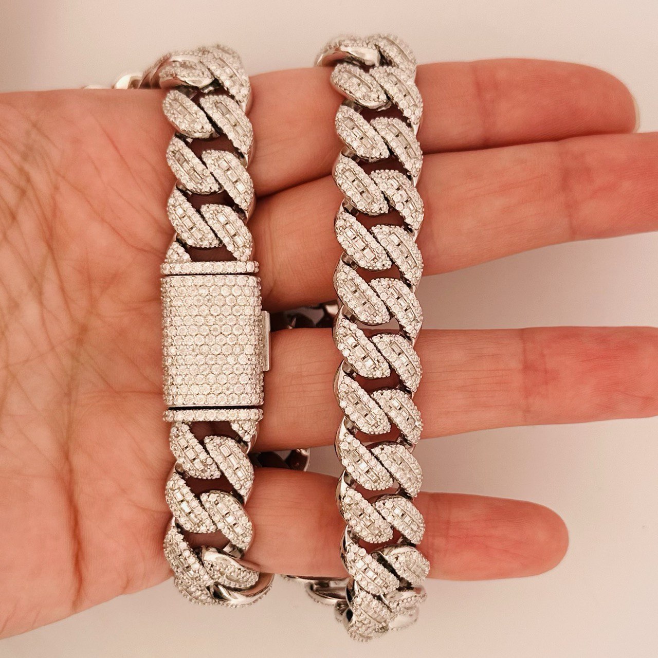 Sterling Silver Solid Miami Cuban Chain Necklace with VVS-D Moissanite Stones, Three Color Options