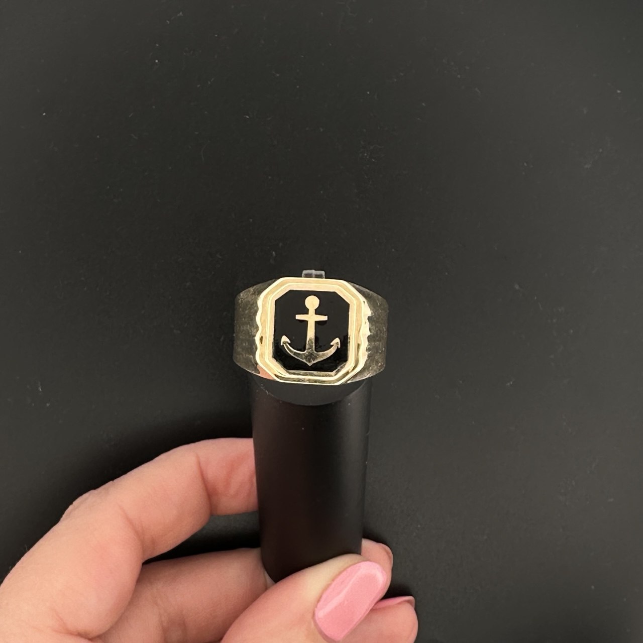 14K Gold Anchor with Onyx Ring