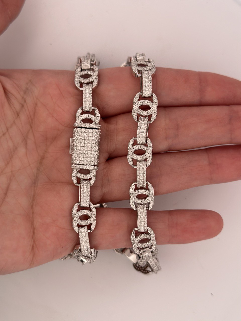 Sterling Silver Solid Chain with VVS Moissanite Stones - 10mm Wide