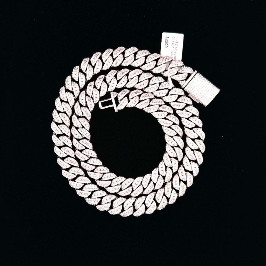 Sterling Silver Solid Miami Cuban Chain Necklace with VVS-D Moissanite Stones, Three Color Options