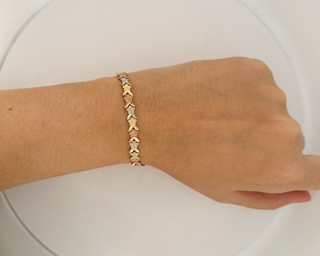 14K Three Color Gold Flower Chevron Bracelet - 5.7MM