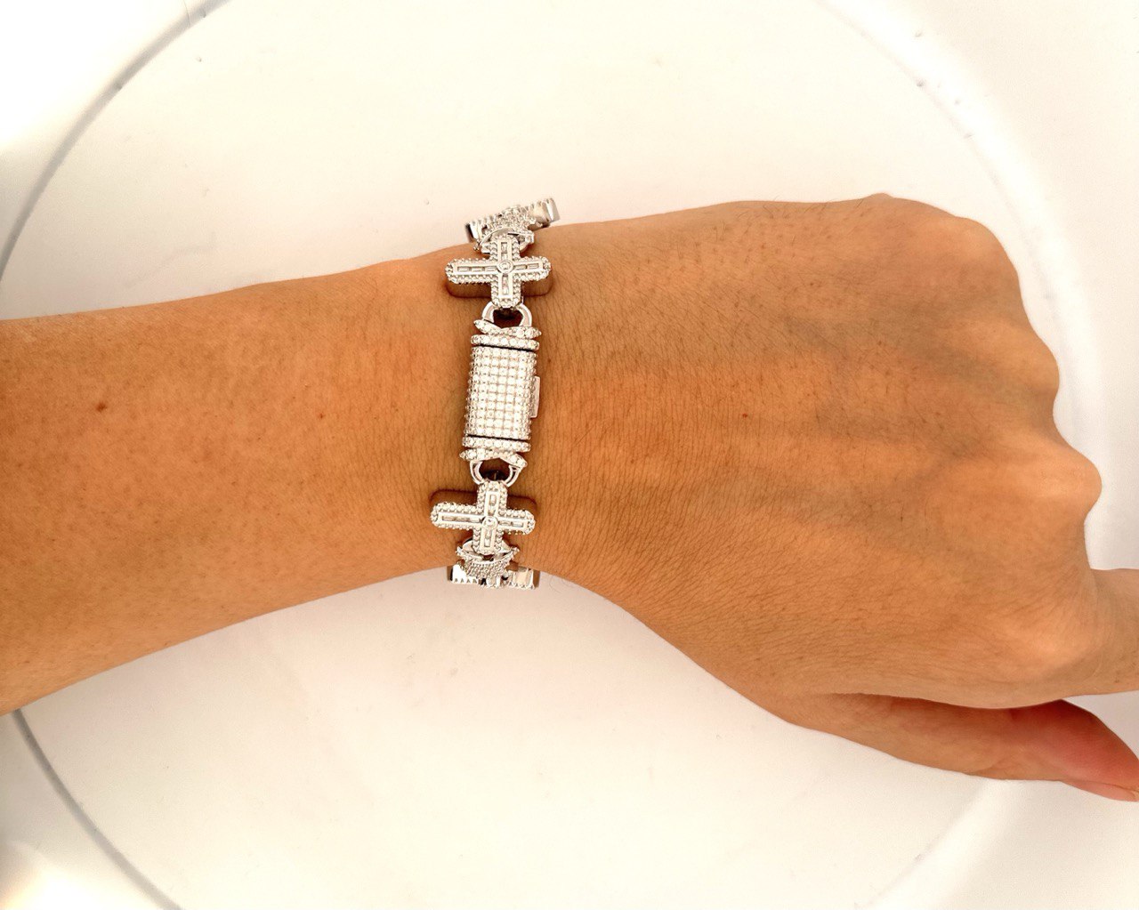 Sterling Silver Cross Bracelet - 5.64CT VVS-D Moissanite, 16.6MM