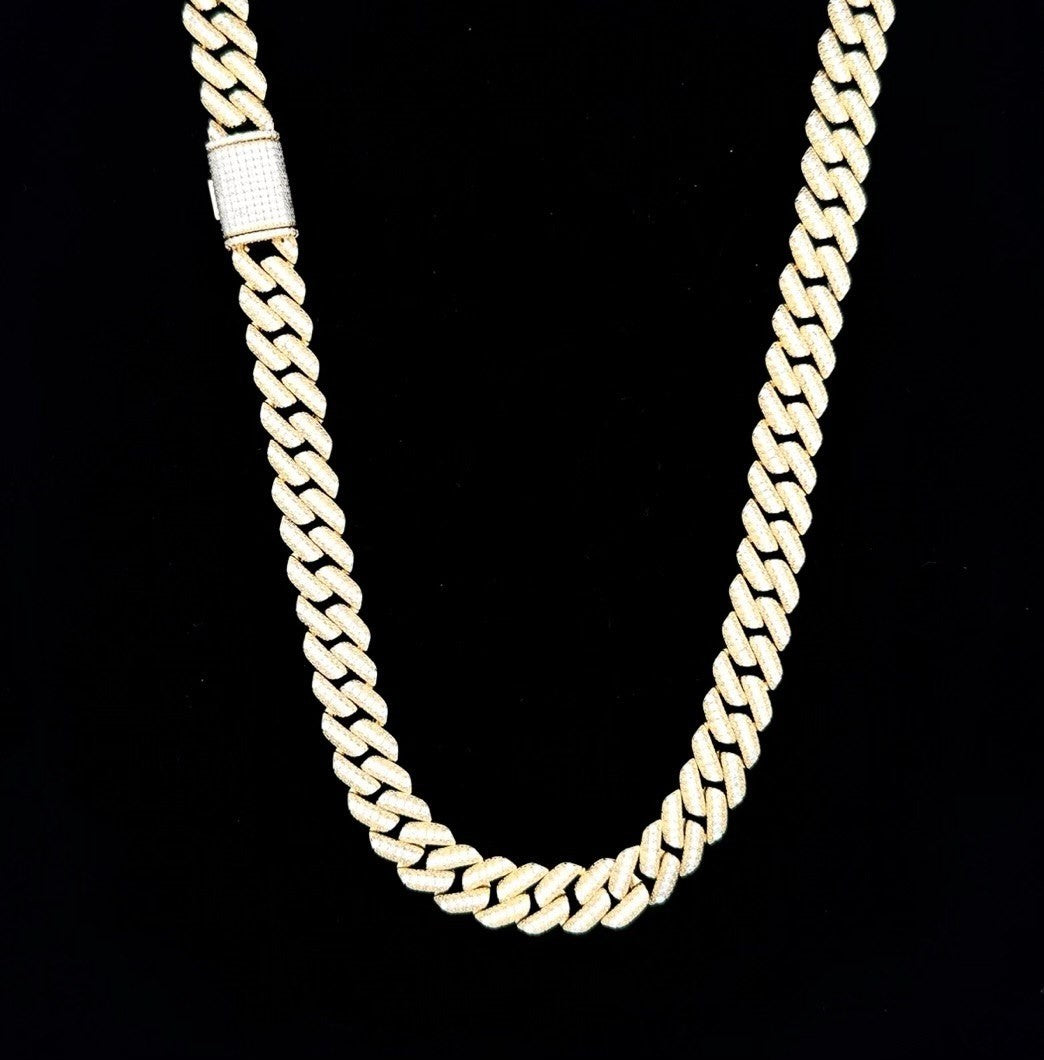 Sterling Silver Solid Miami Cuban Link Chain with VVS Moissanite Stones, Yellow Gold Color