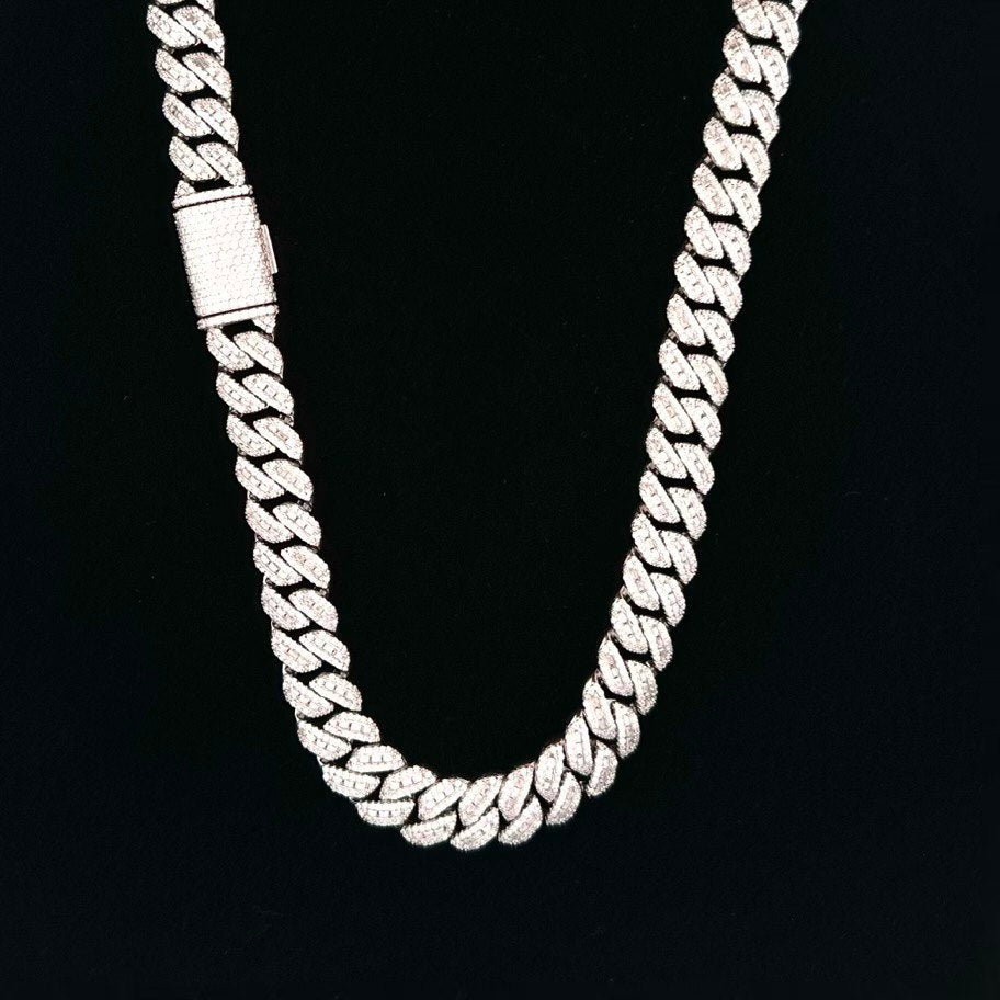 Sterling Silver Solid Miami Cuban Chain Necklace with VVS-D Moissanite Stones, Three Color Options