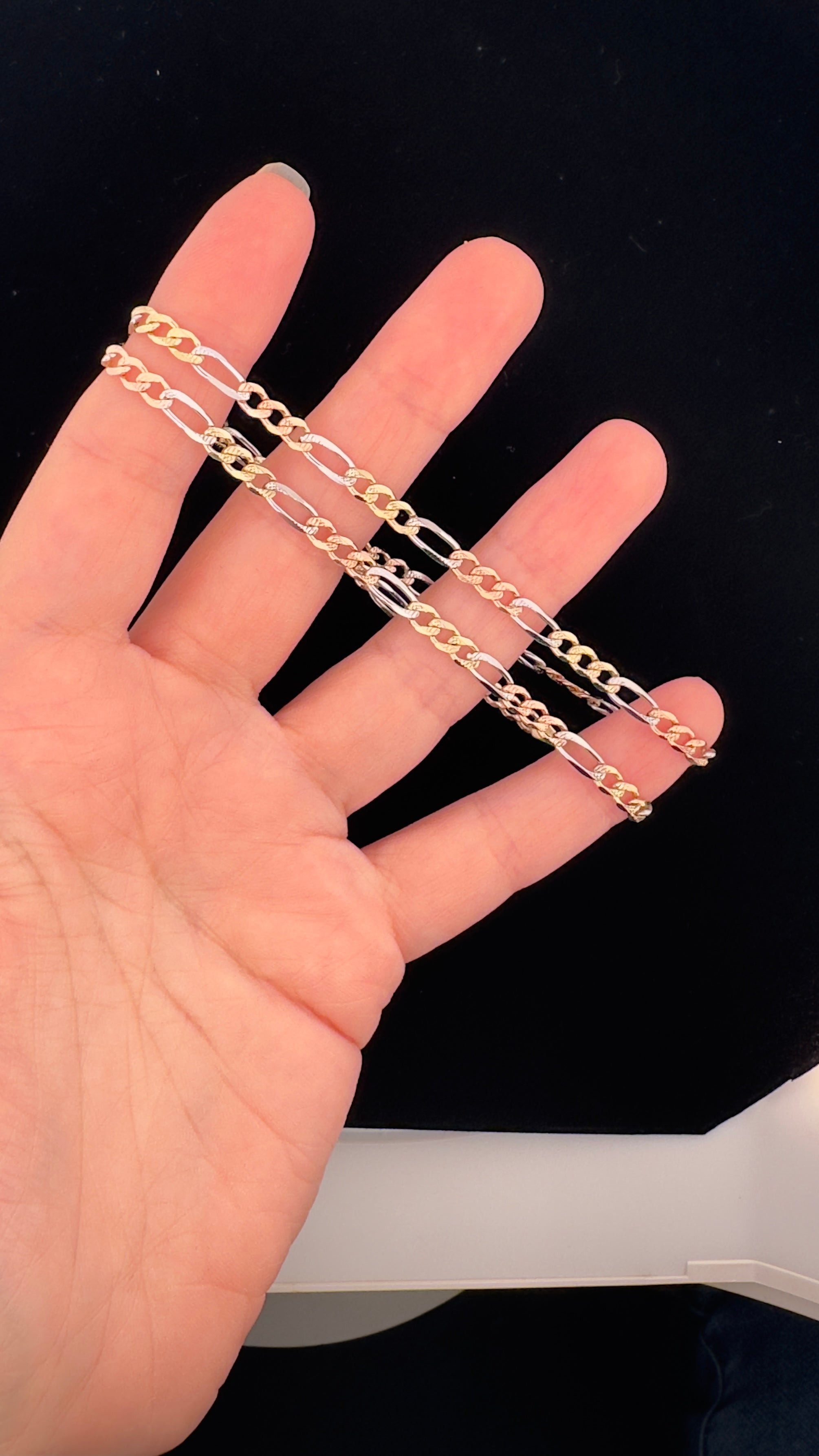 14K Solid Figaro 3-Color Chain Necklace - 4.4 MM