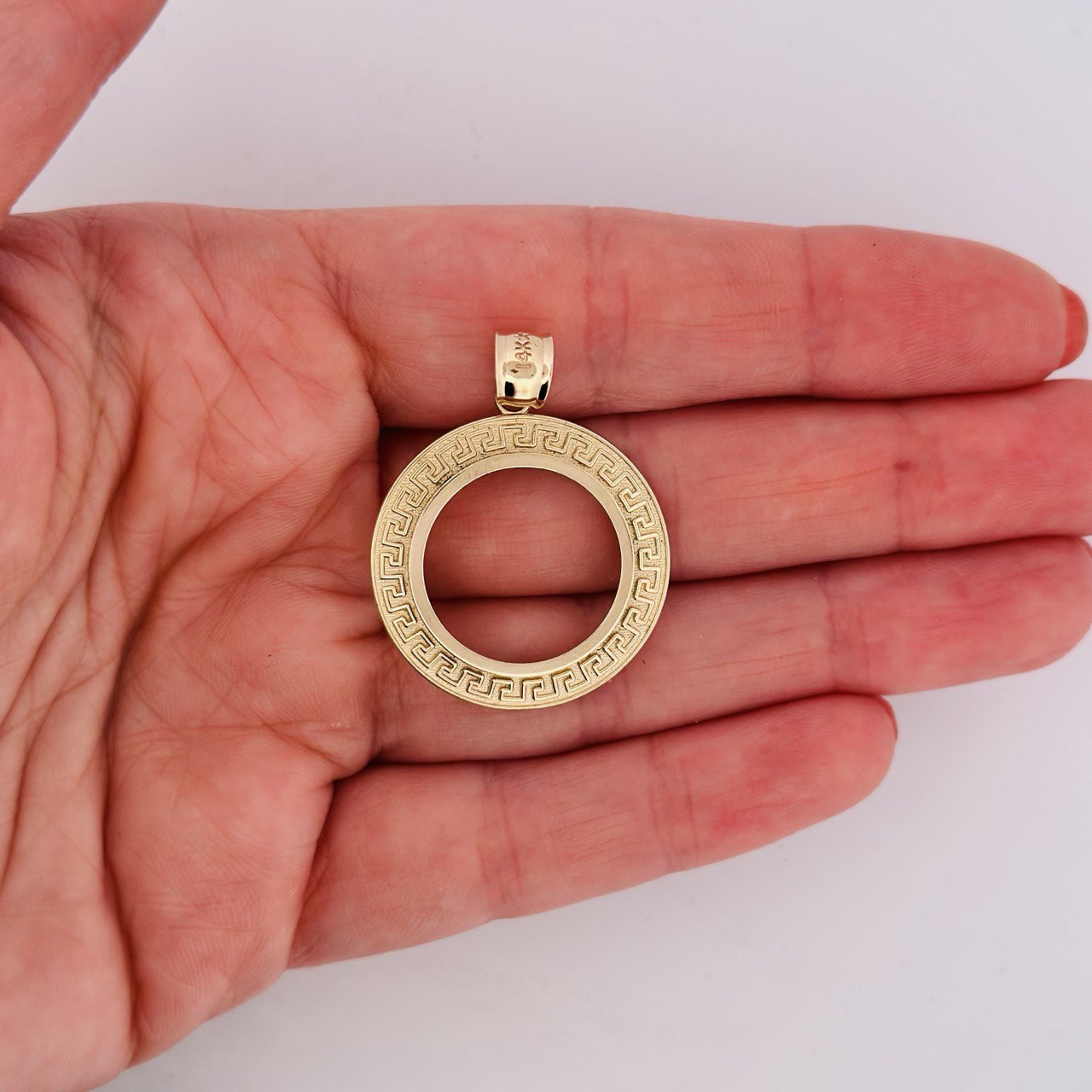 14K Gold Greek Key Open Circle Pendant