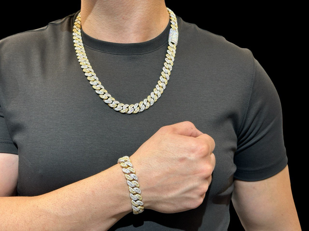 Sterling Silver Solid Miami Cuban Chain Necklace with VVS-D Moissanite Stones, Three Color Options