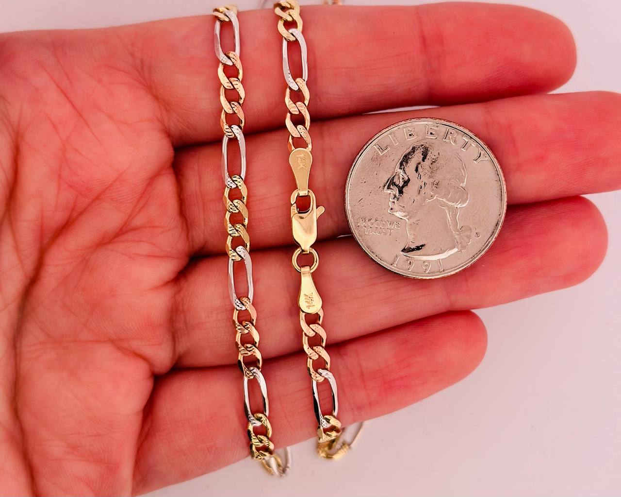 14K Solid Figaro 3-Color Chain Necklace - 4.4 MM