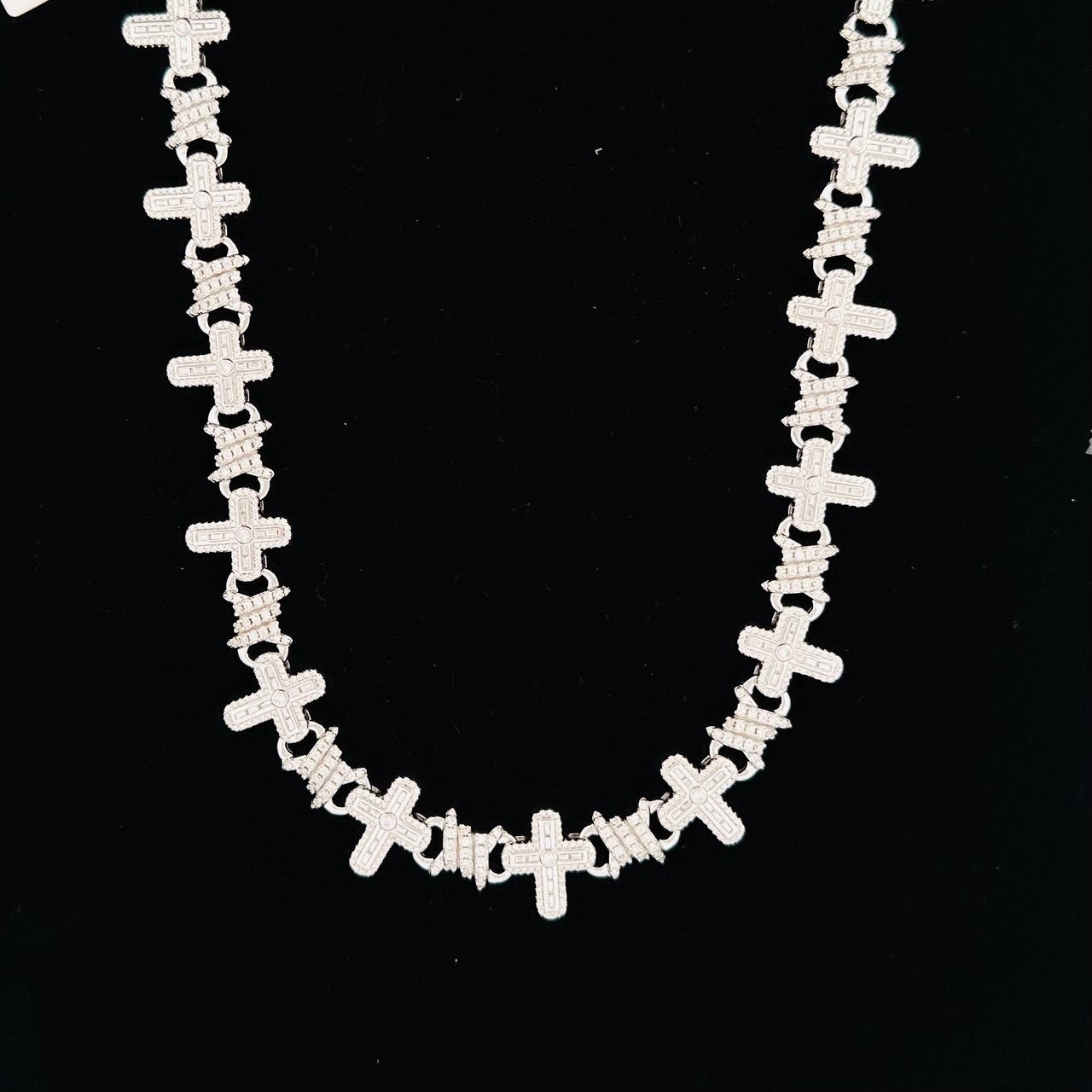 Sterling Silver Solid Cross Chain Necklace with VVS Moissanite Stones