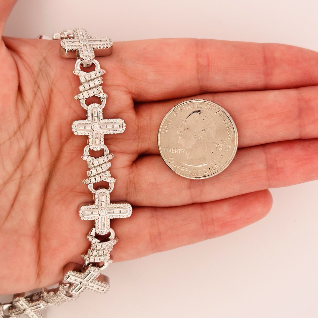 Sterling Silver Solid Cross Chain Necklace with VVS Moissanite Stones