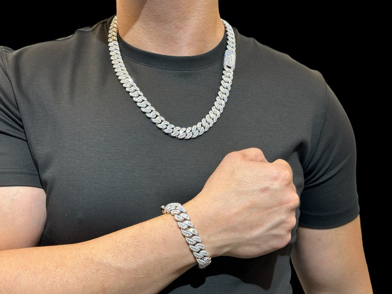 Sterling Silver Solid Miami Cuban Chain Necklace with VVS-D Moissanite Stones, Three Color Options