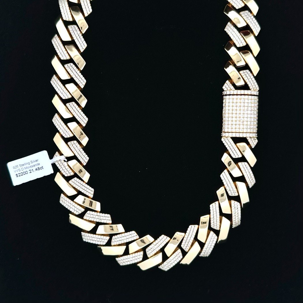 Sterling Silver Solid Miami Cuban Link Chain with VVS Moissanite Stones - 1