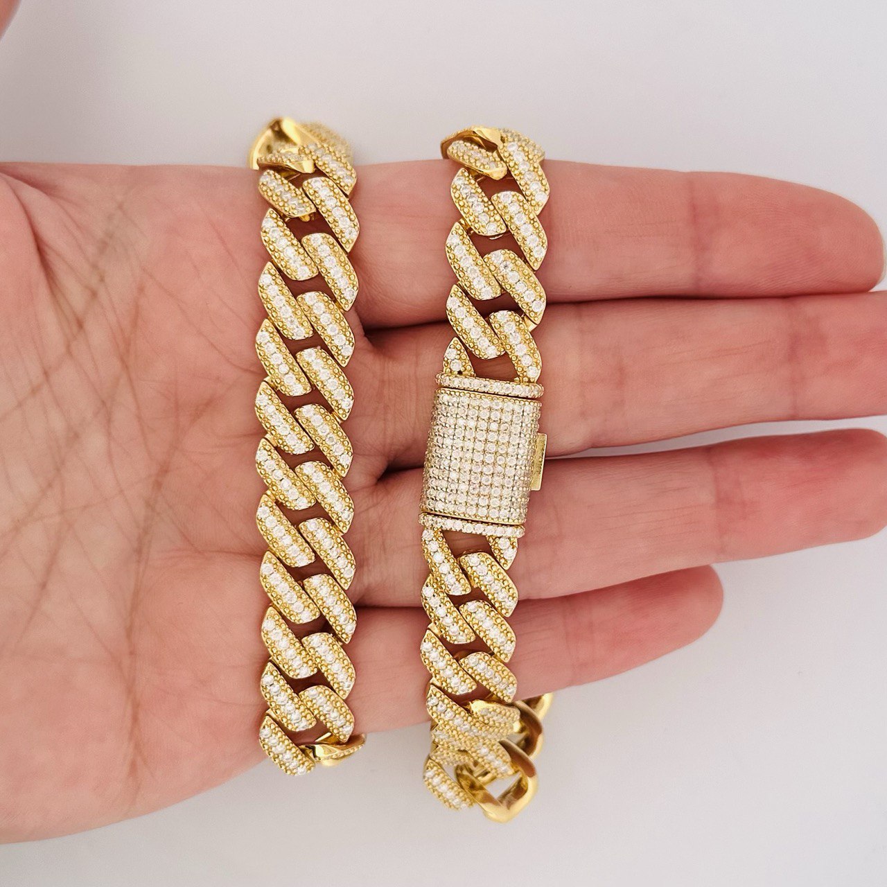 Sterling Silver Solid Miami Cuban Link Chain with VVS Moissanite Stones, Yellow Gold Color