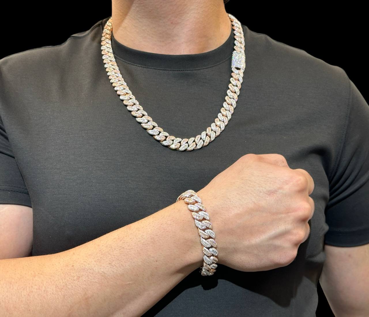 Sterling Silver Solid Miami Cuban Chain Necklace with VVS-D Moissanite Stones, Three Color Options