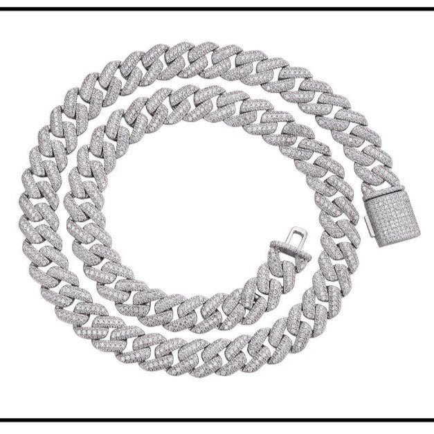 Sterlig Silver Solid Miami Cuban Chain Necklace - 12MM - 12.79ct VVS Moissanite
