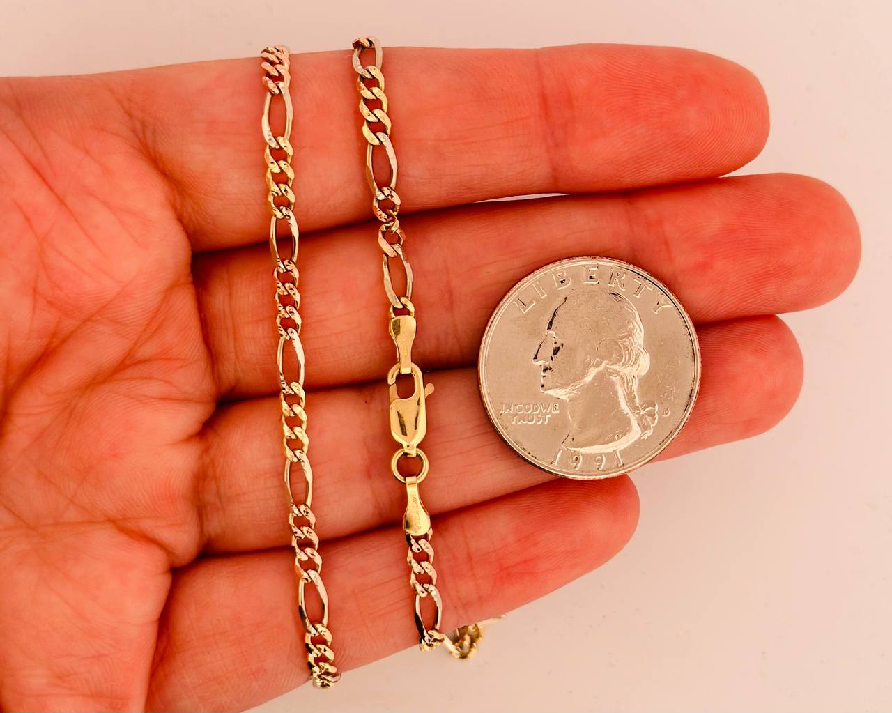 14K Solid Figaro 3-Color Chain Necklace - 2.35 MM