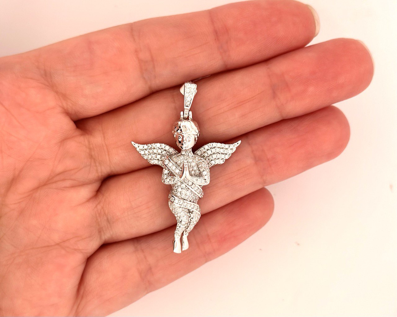 Sterling Silver Praying Angel Pendant with VVS Moissanite - Two Colors