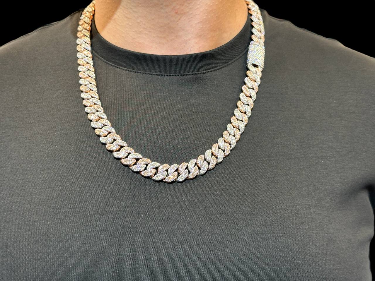 Sterling Silver Solid Miami Cuban Chain Necklace with VVS-D Moissanite Stones, Three Color Options