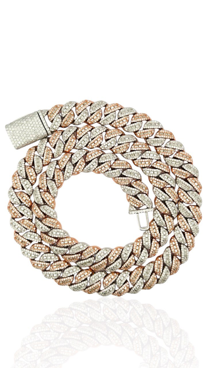 Sterling Silver Solid Miami Cuban Chain Necklace with VVS-D Moissanite Stones, Three Color Options