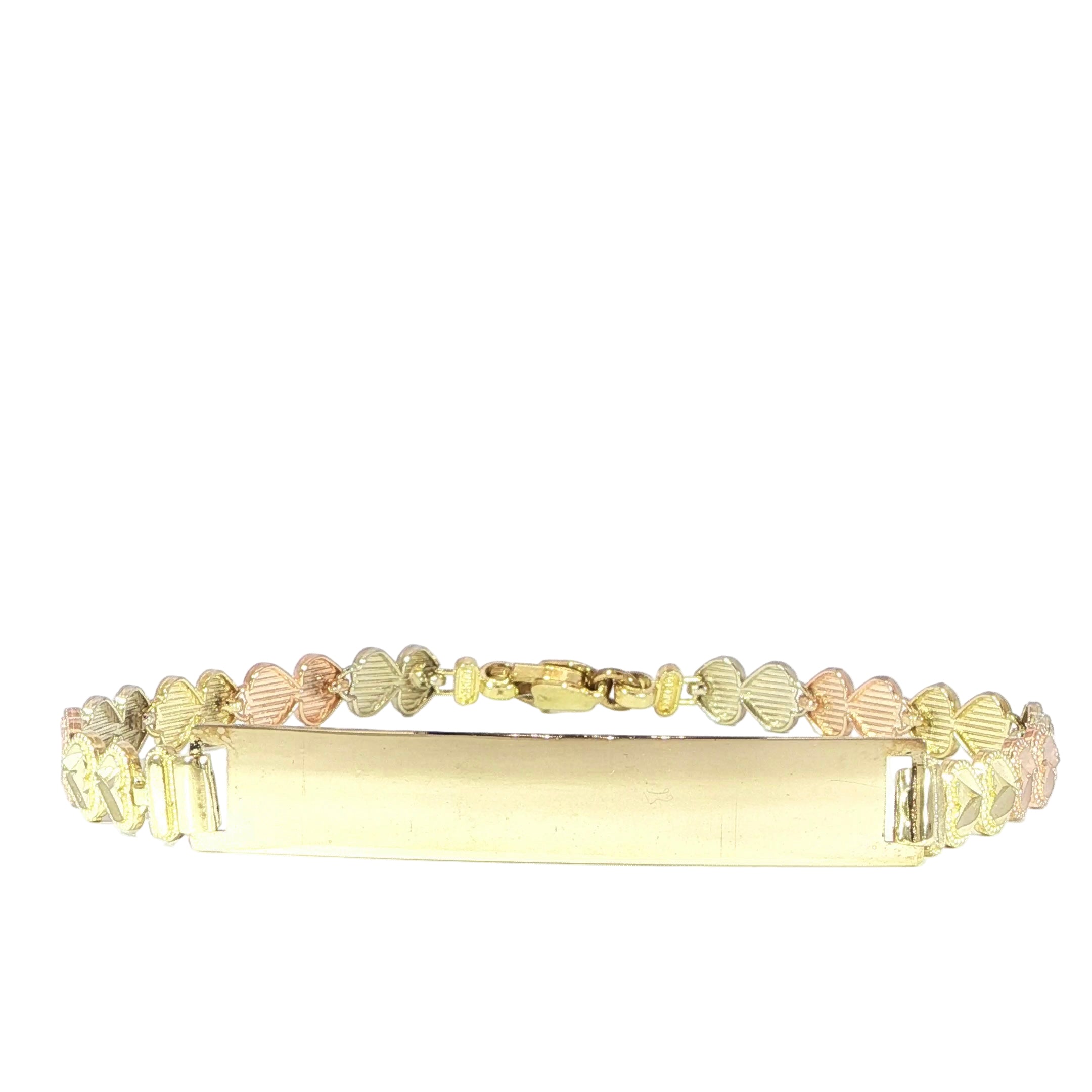 Video of tri-color gold bracelet featuring diamond-cut hearts and ID plate