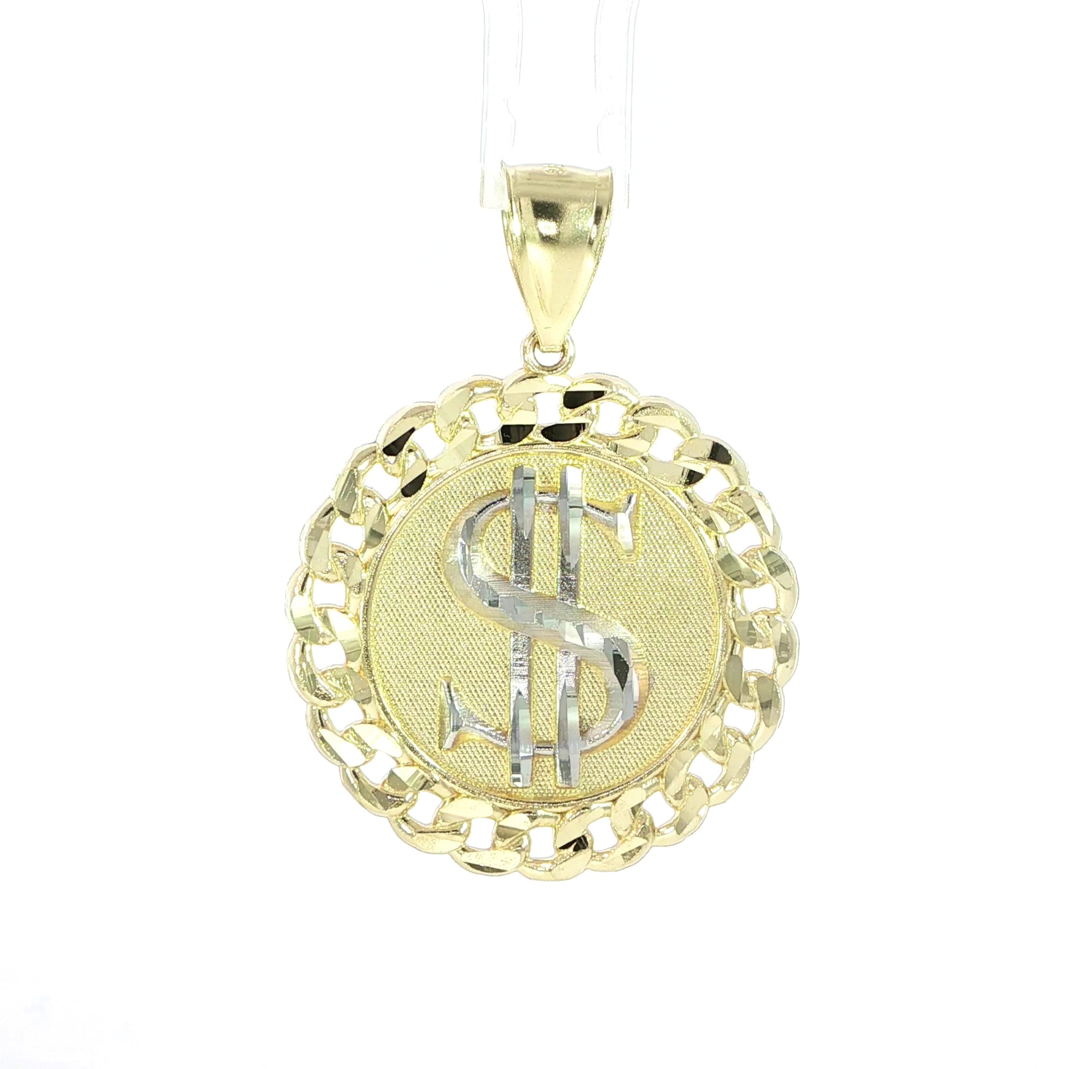 10K Gold Pendant with Dollar Sign and Cuban-link Border