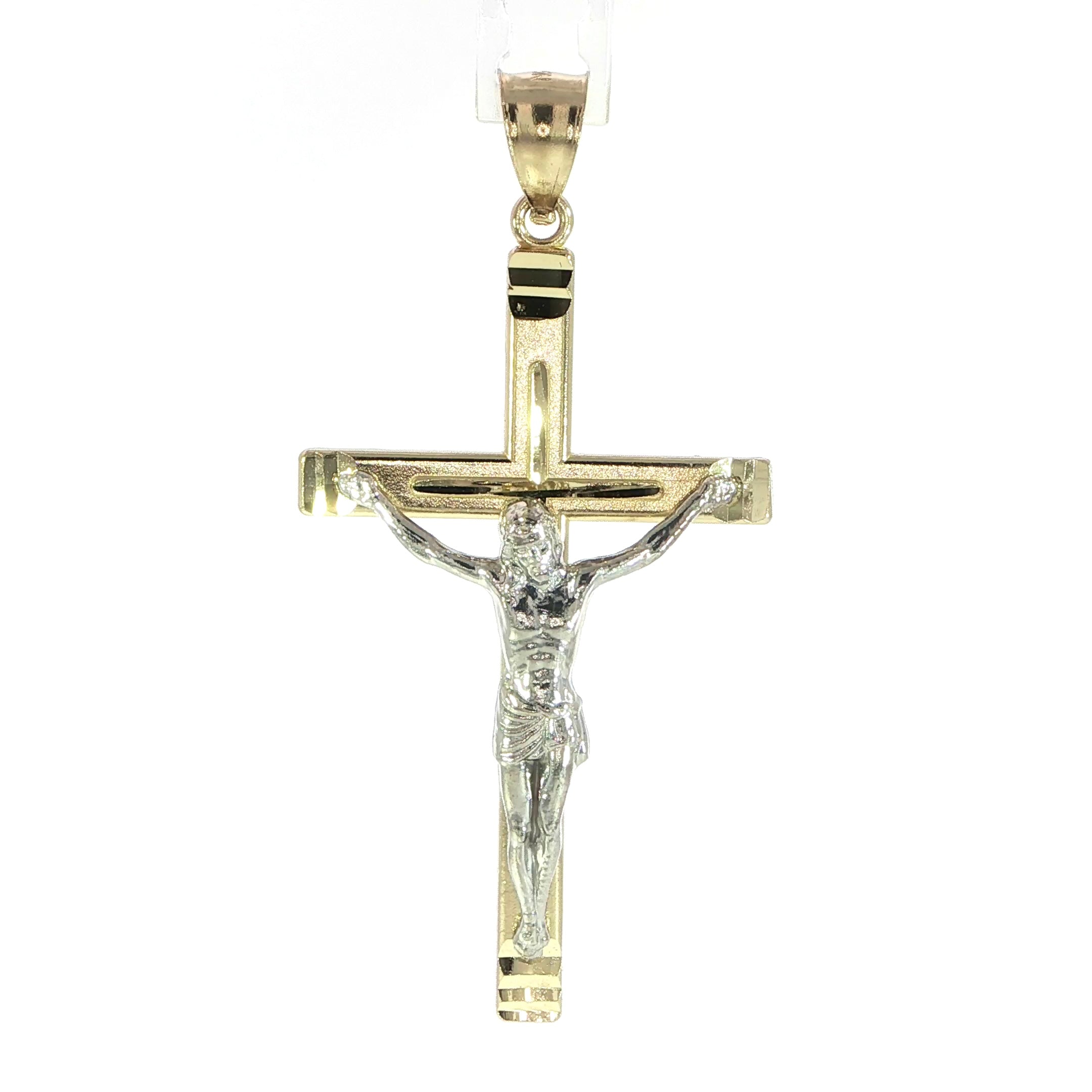 White gold Jesus crucifix on yellow gold cross pendant for everyday wear.