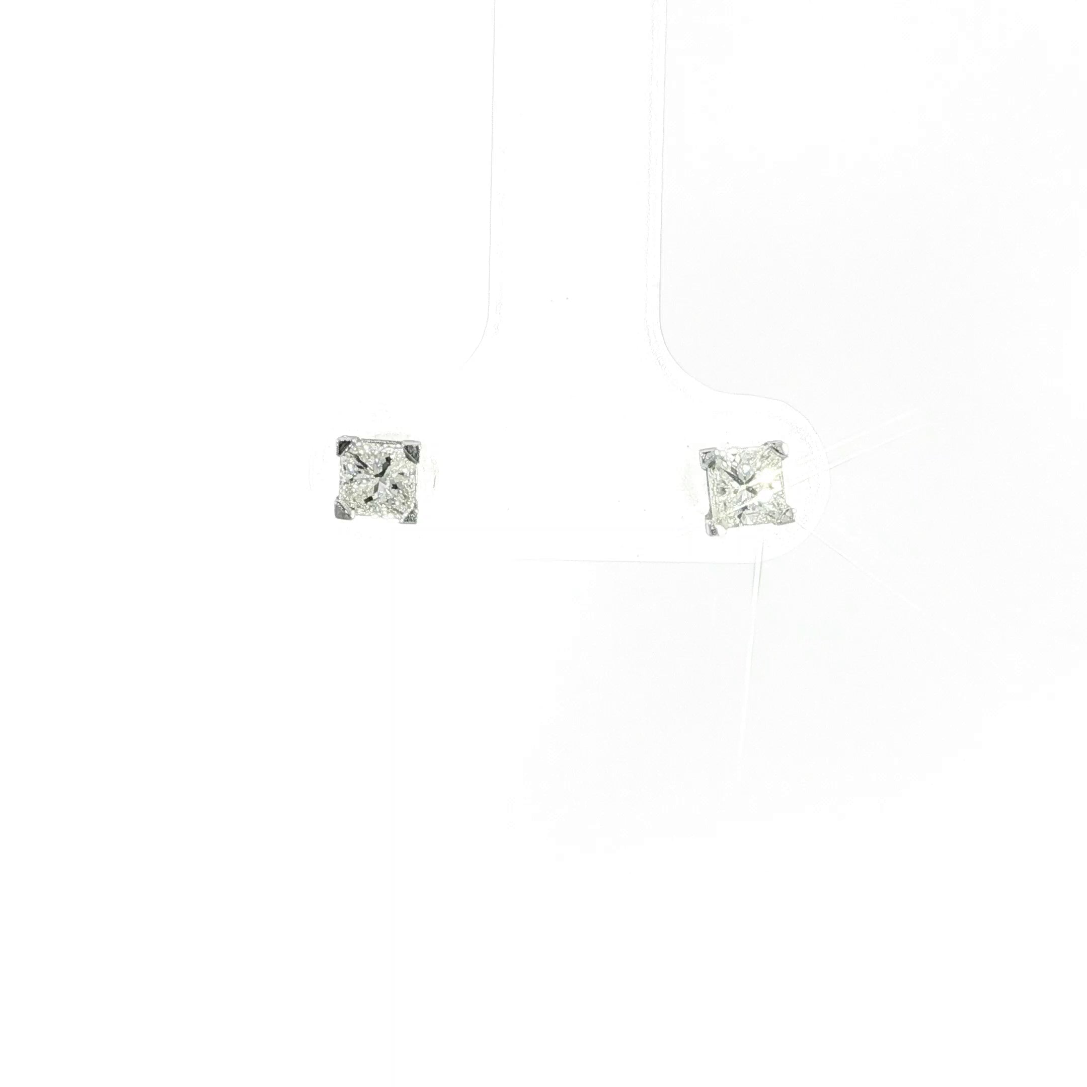 Classic 14K white gold princess cut diamond stud earrings with screw backs