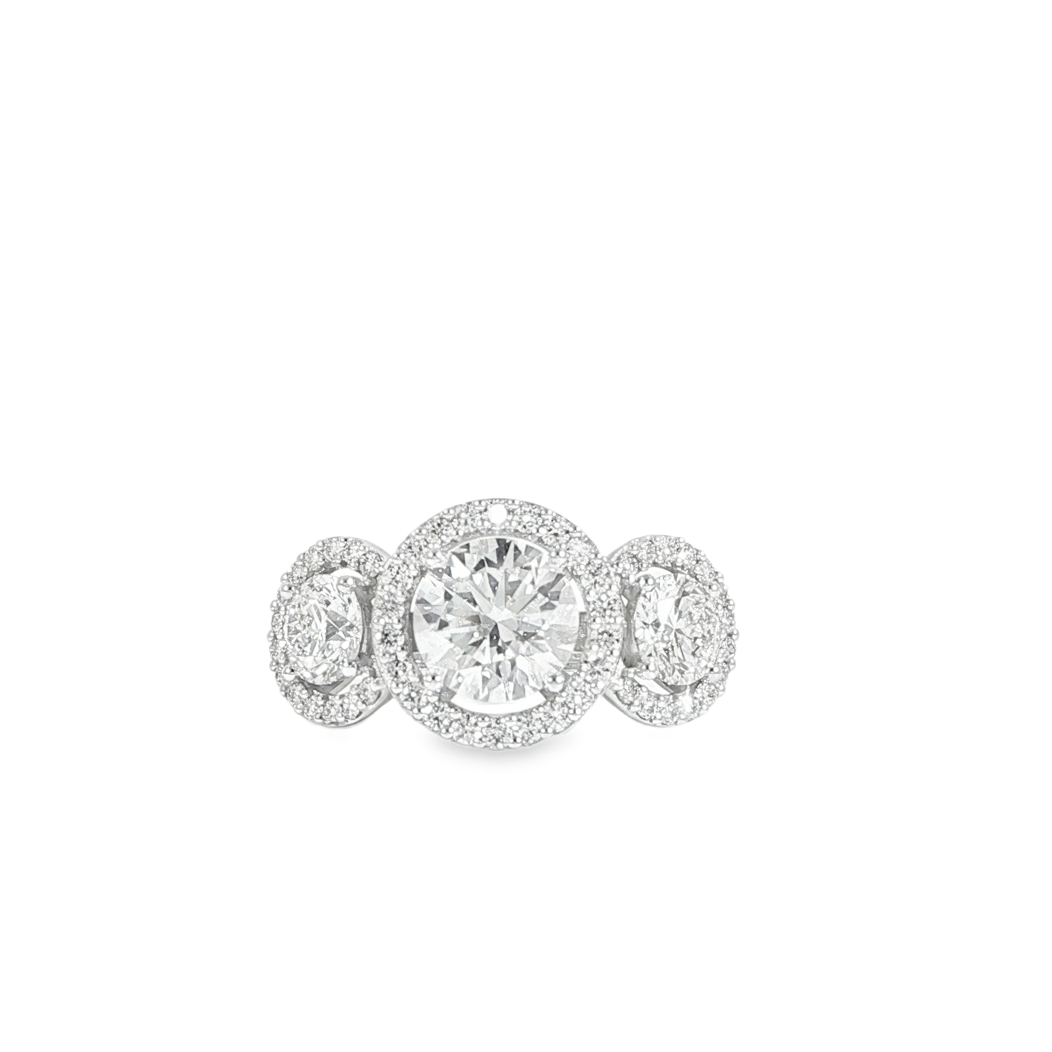 360 video of modern three stone engagement ring 14k white gold