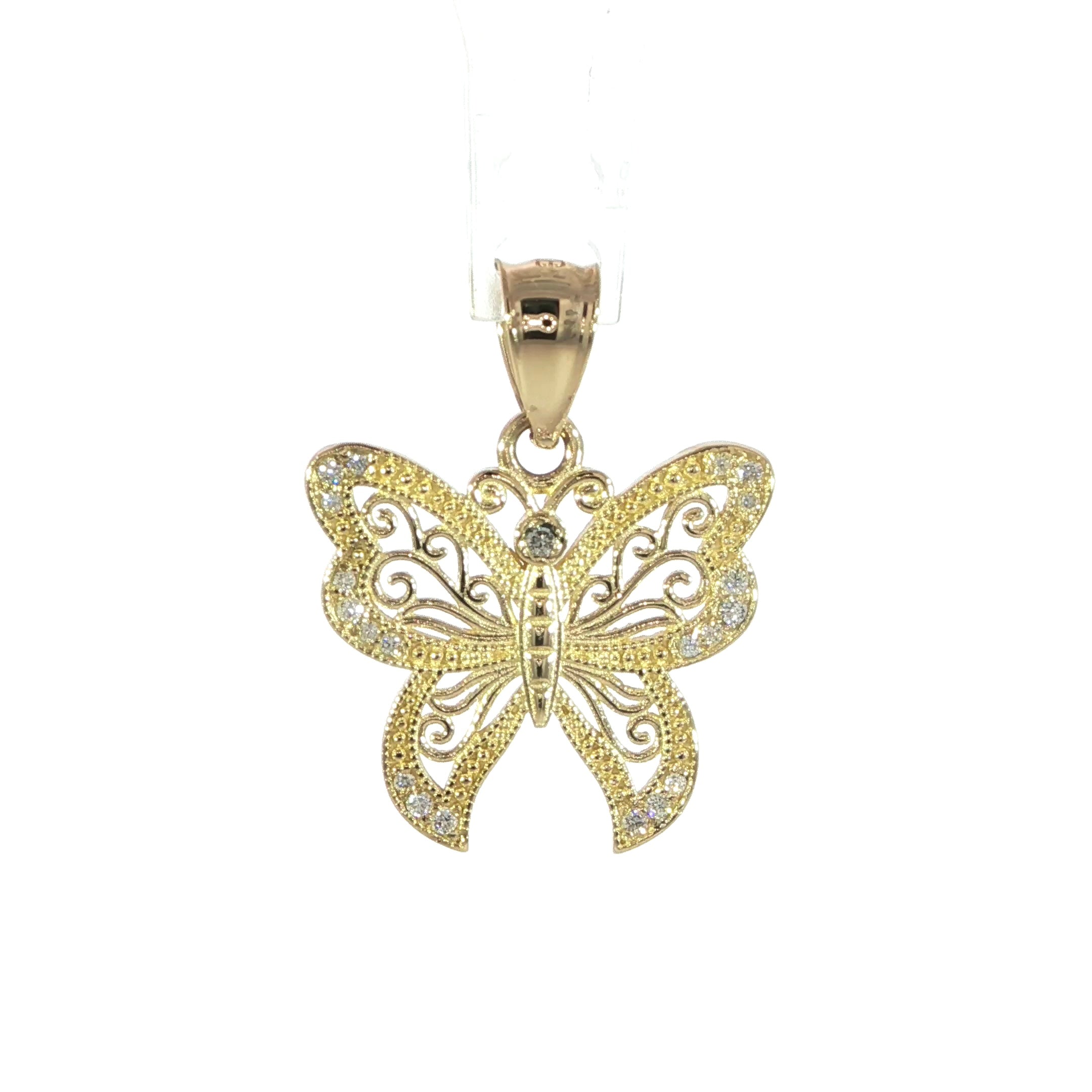 14K yellow gold butterfly pendant with natural diamonds