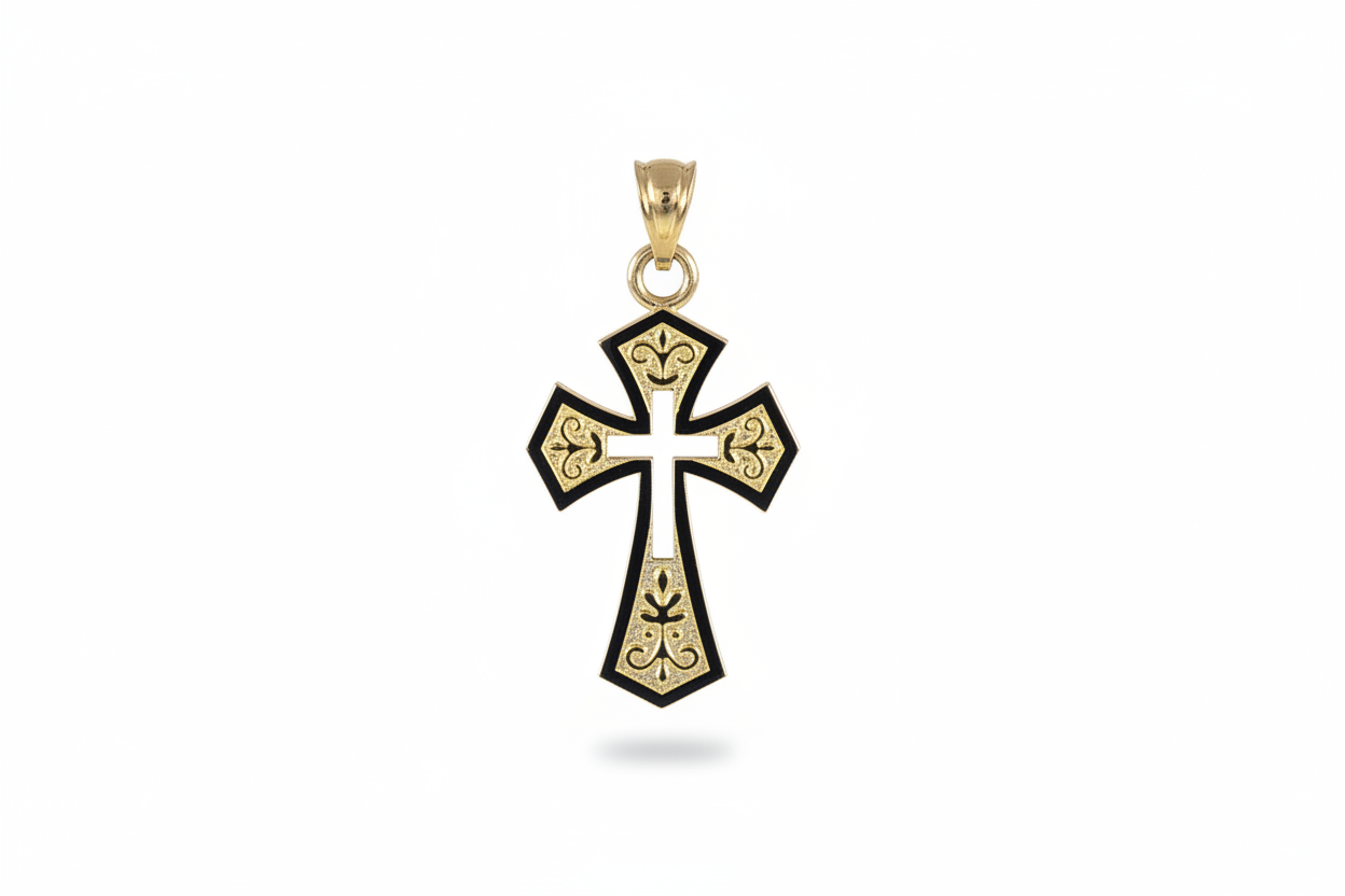 Ornate Religious Cross Pendant in Yellow Gold